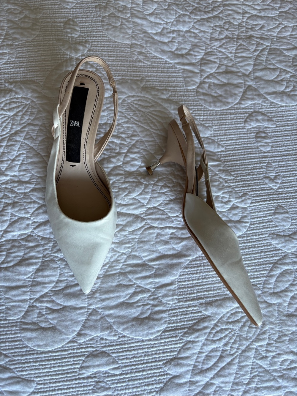 Zara Cream Pointed Slingback Heels with Slim Heel